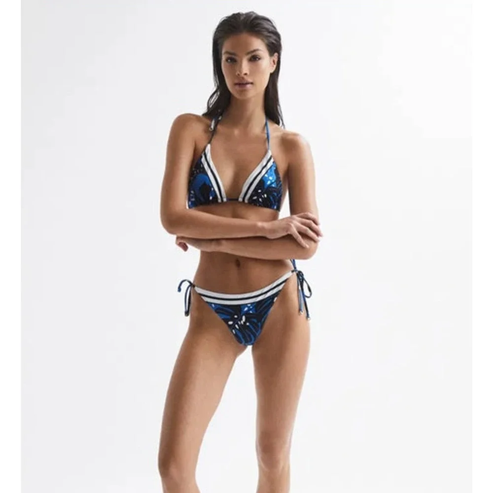 REISS Callie Printed Triangle Bikini Top Size 4 NEW $90 Blue Swimwear Swim